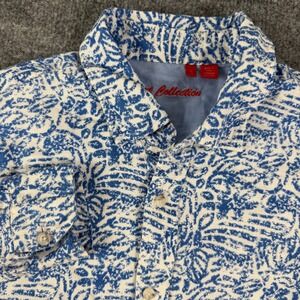 Report Collection Men 182420ST Button Down Shirt Large Blue White 100% Linen EUC